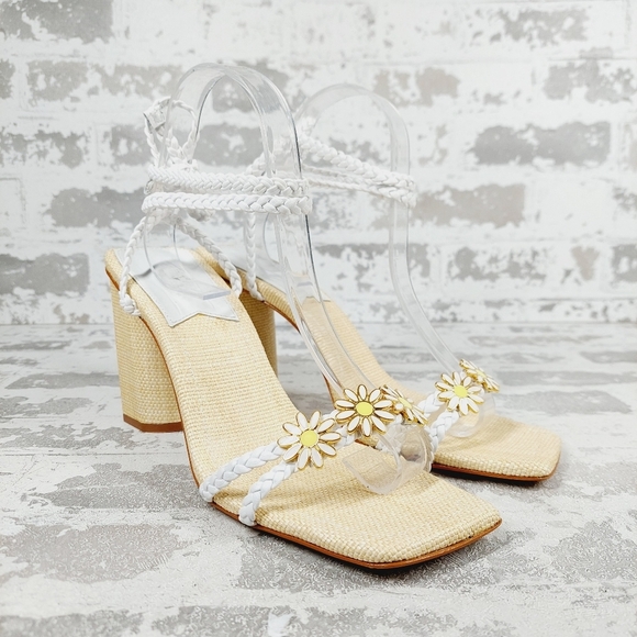 NEW Schutz Hina White Cream Flowers Square Toe Block Heel Strappy Sandals W829 - Picture 4 of 12